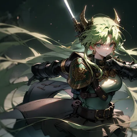 最high quality、high quality、leather clothing and skirts、dark green armor、girl adventurer、equipped with a dagger and a leather shi...