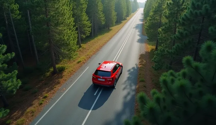 In the photo: a red Skoda car is driving on a flat road, a birds-eye view, not a close-up, around a dense pine forest. According to the rules of the road, the car is moving on the right side. (photorealism)