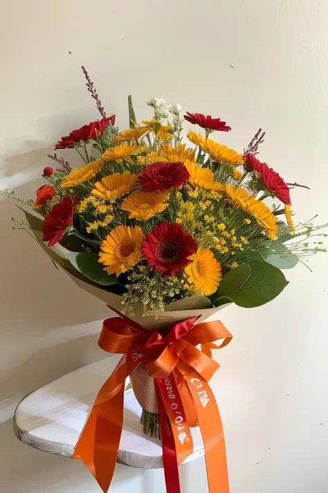 Design me a beautiful orange/red/yellow floral wedding wrapped bouquet arrangement