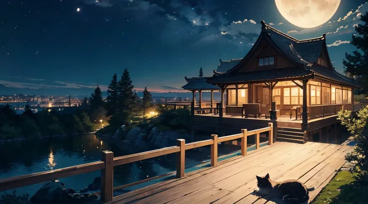 High quality masterpiece, landscape, There is a grand piano。The piano is made of old wood...、The exterior exudes a long history。No one here。The cat is sleeping。Crescent Moon,Quiet moonlit night、Crescent Moonが銀colorの光を柔らかく地上に投げかける。There&#39;s not a single c...