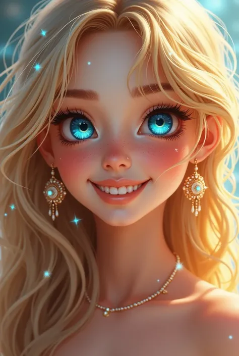 One girl, Long Hair, High resolution, smile, blue eyes, Blonde, accessories, Earrings, Sparkle Effect, Decorative art, 