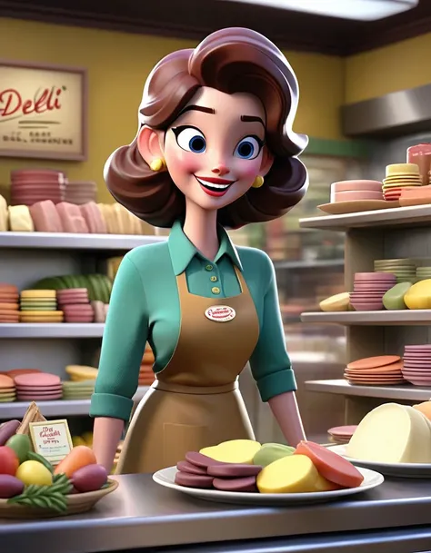 "A scene showing the deli section, with the narrator speaking to the camera. Colorful dishes are displayed in the background as the narrator cheerfully states, And finally, we have the deli section, which connects to the register."