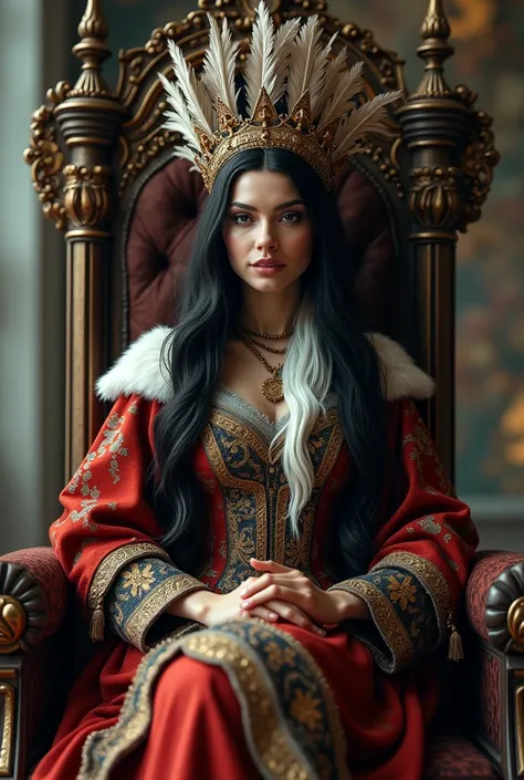 Woman with dark hair with white lock of hair 
With colored noble medieval clothes and boots
With a feather crown 
She sat on her throne 