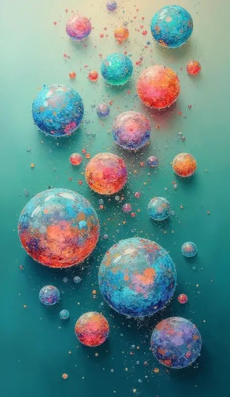 Colorful Symphony: Create an abstract piece featuring vibrant oil bubbles floating on a serene sage green water surface, blending shades of turquoise and coral, pls change the oil bubbles that will match it