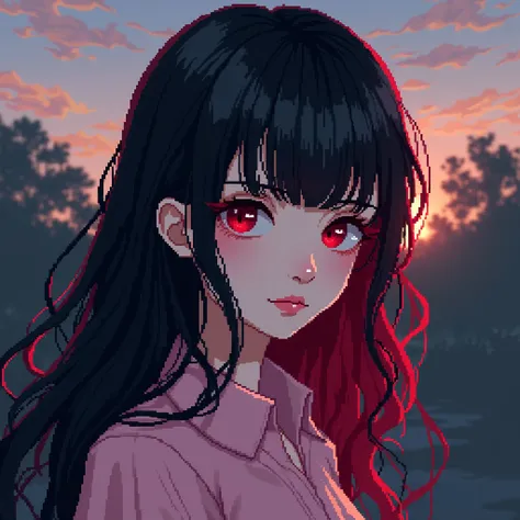 pixel art(best quality,high resolution,work of art:1.2),ultra-detailed,girl with long black hair,a large red lock of hair,pastel pink blouse,in pixel art style,with a dusk backdrop,pixel art, red lock of hair, gothic girl