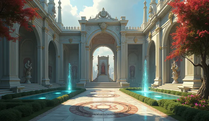 Grand Hall: Upon entering, you are greeted by a grand hall with a ceiling so high it seems to touch the stars. The floor is made of polished marble, and the walls are lined with tapestries depicting the tales of gods and heroes.
Throne Room: At the heart o...