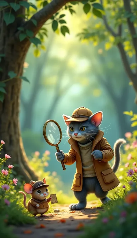 Scene: In this scene in the forest, the cat is dressed as a detective, holding a big magnifying glass and following the mouse. The mouse is wearing a Sherlock Holmes-style hat and holding a tiny map. The mouse runs quickly under a tree. Position: The cat i...