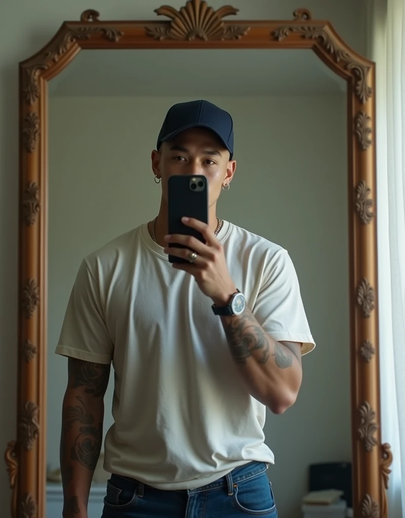 A Japanese man taking a selfie through a mirror、(japanese), mirror、handsome Japanese rapper:1.5  ,  30years old,  The iPhone 12 Pro hides his entire face、Shaved head, blond,(Hide your face completely:1.4)、cowboy Shot、Wearing a so big  t-shirt:1.3 , white t...