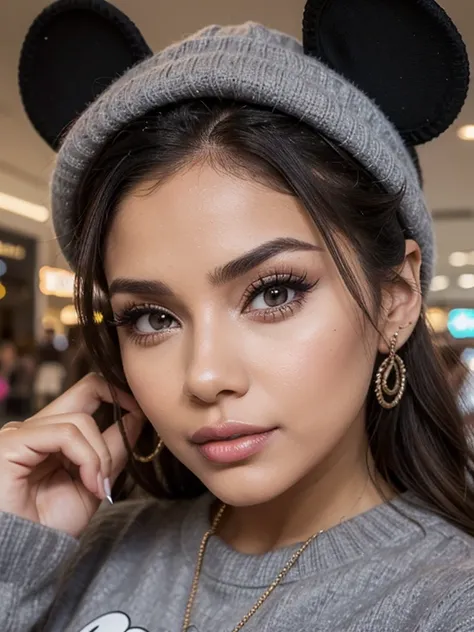 a close up of a person wearing a hat, sexy face with full makeup, estefania villegas burgos, discord moderator, mickey mouse ears, grey sweater, at a mall, !updo hair, 2 , super cute and friendly, no watermarks, justina blakeney, beautiful alluring women, ...