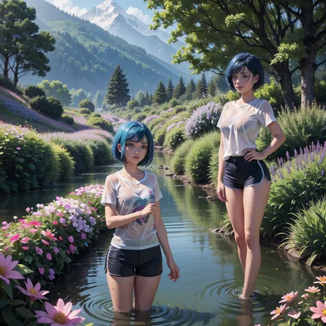 1 girl, Short hair, Blue Hair, Look at the audience, Purple eyes, Beautiful legs, Wearing a wet blue t-shirt, Wet shorts, Standing in the stream, Field of flowers, dark forest, mountain