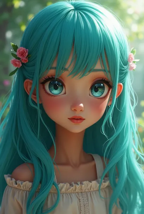 Brown skin anine girl with turquoise hair 