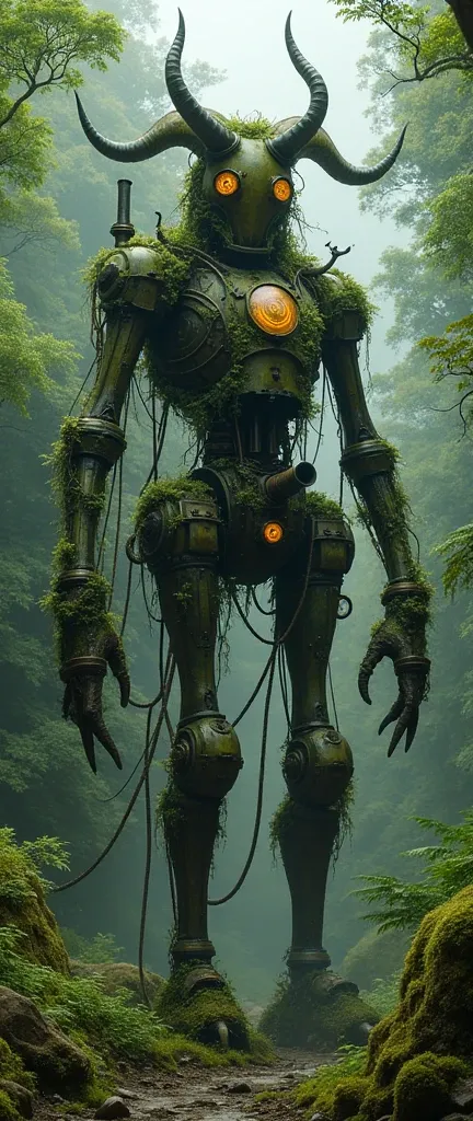 ether-steam automaton в лесу, full length, the old one is covered in pieces with moss and ropes that resemble horns, turns into a goblin. ether-steam automaton. with steam pipe, with mechanisms on his chest, with a compartment for coal, mechanized, of huge...