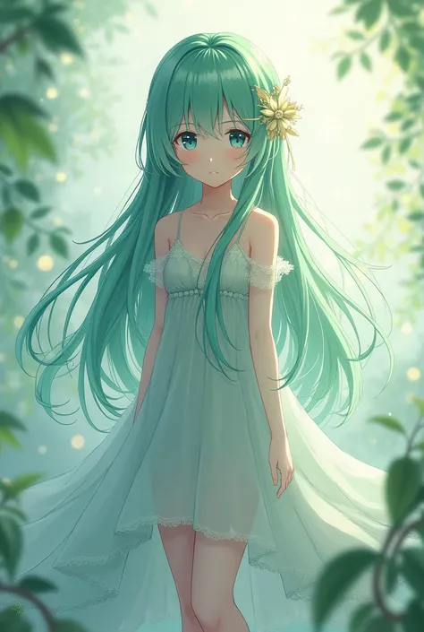 A anime girl with bule eye, green hair and long dress to knee
