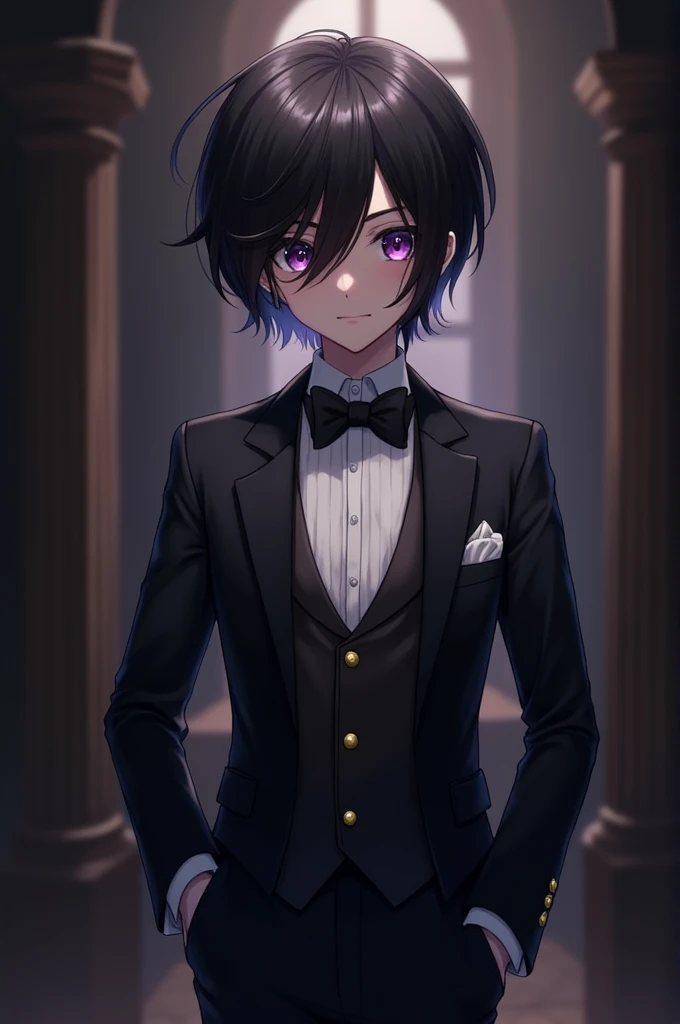 A beautiful boy with black hair and purple eyes, wearing a stylish butler outfit, standing in a dark mansion.