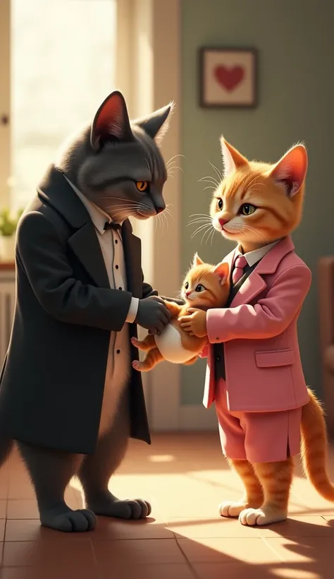 Cat father wears a black pent coat and cat mother wears a pink suit doing hi to his son who wears a pamper