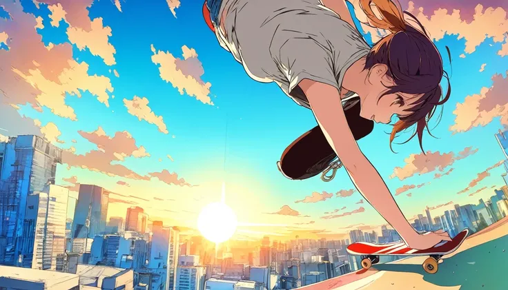 Ultra-definition: 1.3, ultra-delicate/exquisite face: 1.3, (absurdity, texture, masterpiece), dynamic angle, pop art, art brut, pixiv contest winning work, by Posuka Demizu, dynamic manga style illustration,
A girl skateboarding in the city and performing ...