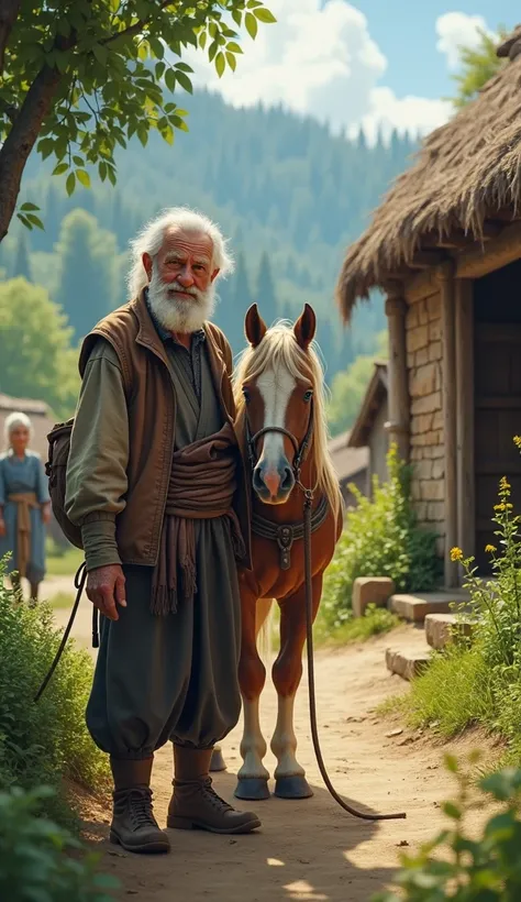 A peaceful rural village with an old man standing outside his humble hut. Next to him is a beautiful, well-groomed horse. The old man has a kind face and simple clothes, showing signs of poverty. The village is surrounded by greenery, with other villagers ...