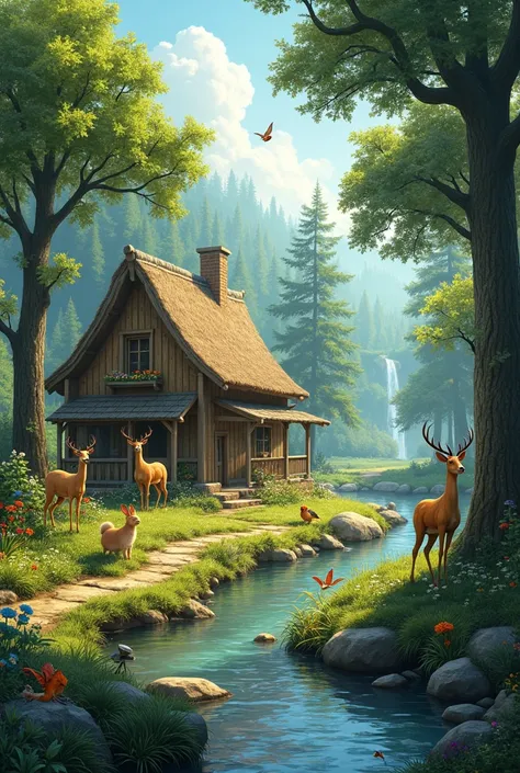 Beautiful landscapes of nature, without mountains, with animals, and a house in the middle of the trees, with a little stream.
