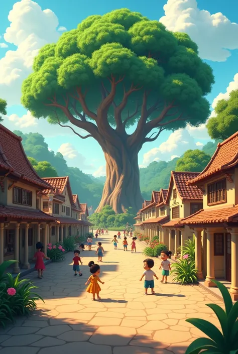 Genrate in cinematic 3D  cartoon style **A wide shot of the village passing through different generations**, with the banyan tree standing tall and unchanged through the years