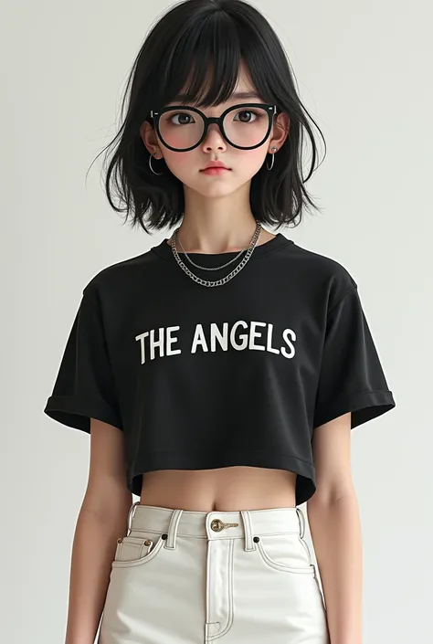 A short girl, with a black t-shirt made of thin fabric and it is small that reaches the navel and says the angels (all in capital letters), with a white skirt above the knee, with dark shoulder-length hair and glasses.