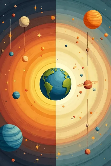 an easy painting showing the difference between geocentric and heliocentric theory 