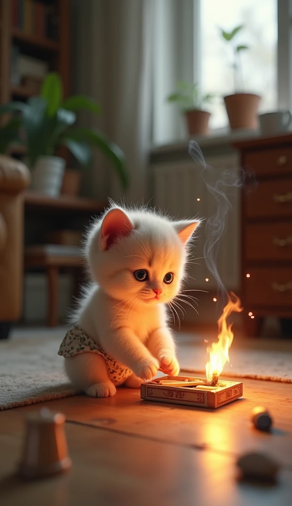 A little kitten wears a pamper playing with matchbox in the house accidently he make a fire