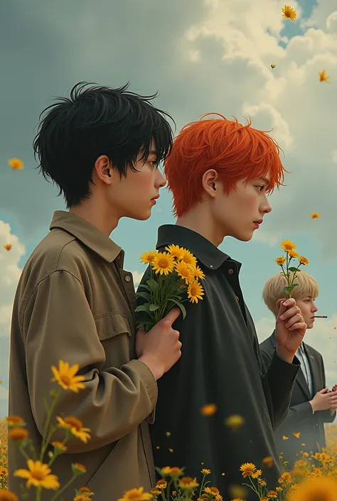 A young black-haired man next to another red-haired man holding yellow flowers, while a blond boy smokes in the distance 