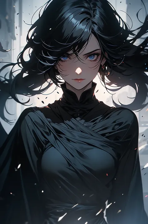  is a figure who seems to float between the physical world and the shadows. Her body is wrapped in a black cloak that merges with the surrounding darkness, making her almost invisible in dark environments. Her eyes glow a deep red, the only features visibl...