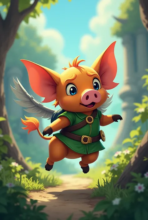 Creer un personnage secondaire style jeu video Zelda represantant un petit cochon avec des ailes de chauves-souris avec les fesses qui tombent 