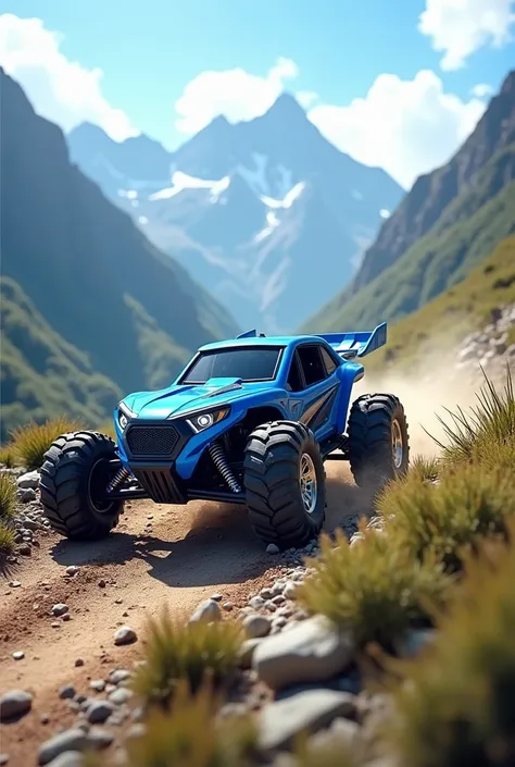 blue remote controlled buggy car driving on mountain slope against beautiful landscape. there is an inscription above it "BUGGY CAR"