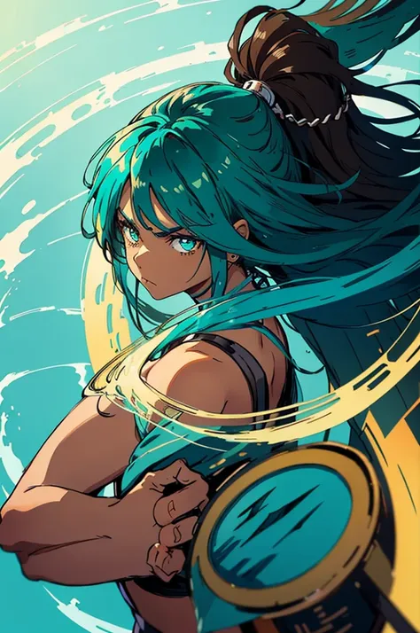 brown skin, anime, long turquoise hair, turquoise eyes, serious face, cutest