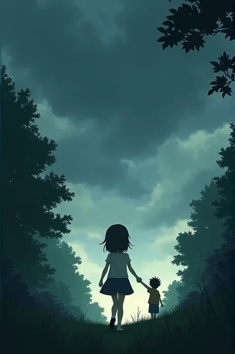 Create a animation photo, the sky will be fool with dark cloud,
In the photo a girl will be walking alone, behind her a boy will be calling her by raising one hand. Around them green trees will be there