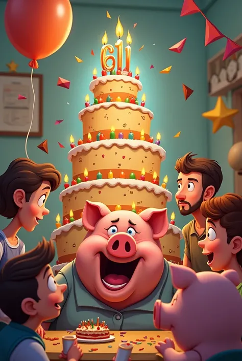 Dessin animé fête d’anniversaire homme gateau 61 bougies et cochon qui pue