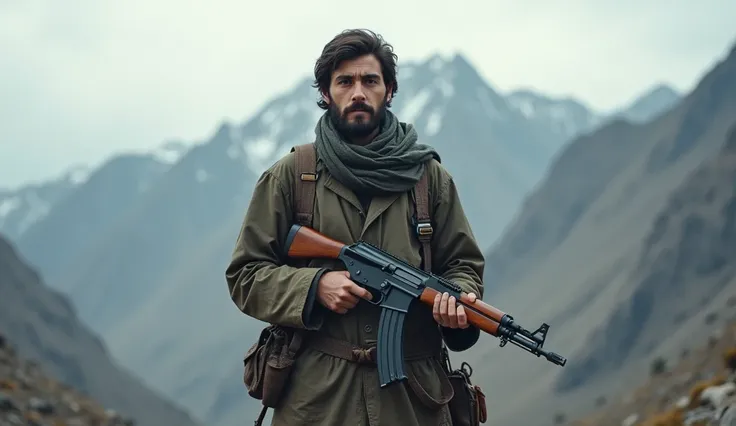 An Afghan Muslim terrorist boy with a rifle on a mountain, aged 33 years And I am looking at him in front and that boy is very poor and he has a light moustache and beard.