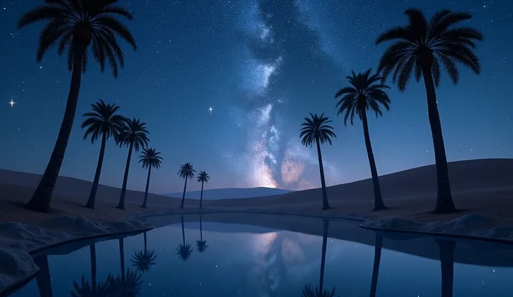 "A tranquil desert oasis at night, with a small pool of water reflecting the starry sky above. The sand dunes surround the oasis, and tall, slender palm trees cast soft shadows in the moonlight. The sky is clear and filled with countless stars, with the Mi...