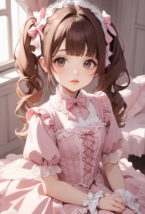 a beautiful girl with long brown hair, twin tails and a ribbon on her head. she is wearing a pink　gothic lolita outfit with lots...