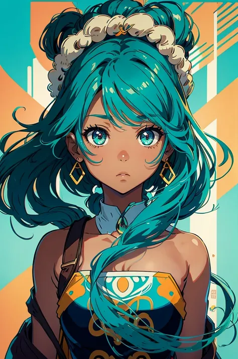 brown skin, anime, long turquoise hair, cute face