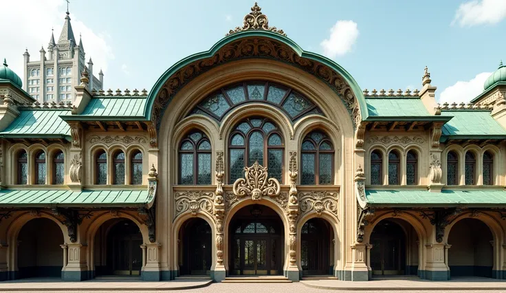 A realistic photo. The front view from outside of a railway main station in Art Nouveau style with a green roof.