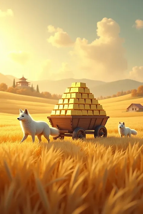 A white fox pulls a cart piled very high with gold bars，Gold bars piled up like a hill，Two little white foxes follow me，Coming head-on，Peaceful countryside，The wheat waves rise and fall with the wind，Golden ears of wheat sparkle in the sun。Smoke rises from...