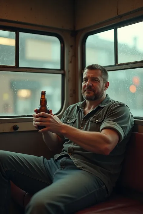 Man aged 18 years enjoying a bottle of beer inside a bus after working as a bricklayer 