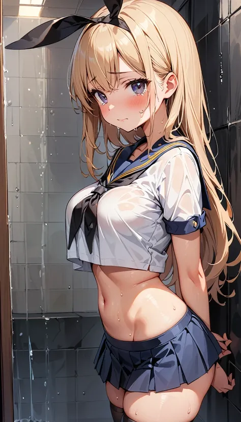 (curvy, medium breasts, tented shirt), (Sticky Sailor uniform, mini skirt), (1girl, shimakaze, kantai collection), beautiful detailed eyes, black eyes,(cute eyes), black thigh highs, arms behind back, (Carving Waistline), Shower room, (cowboy shot, from le...