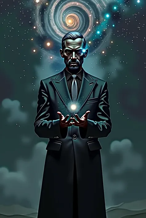 Create a man in a black suit with the face of the universe holding something mysterious with the background in an immensity