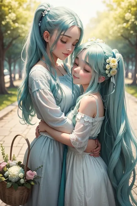 Create an image of a beautiful Long Green haired woman, she has two ponytails on each side of her head and she is dressed in a teal and white dress. She is the secret spiritual embodiment of willow tree but reborn in human form. She is hugging and smiling ...