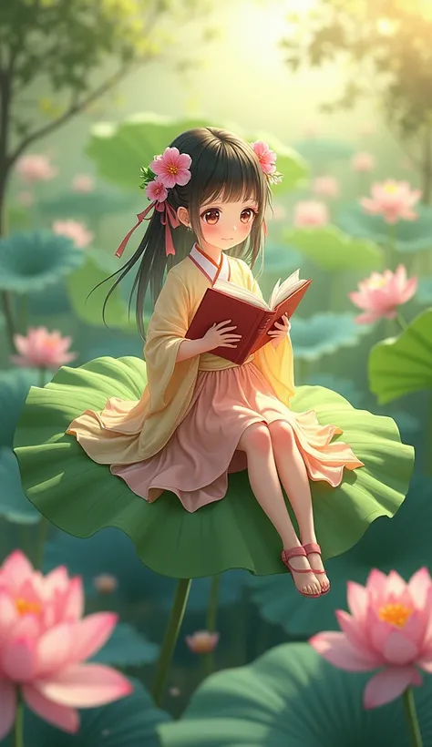 Asian traditional lotus garden,Cute ancient style girl with sunshine shining in her face，She is dressed in cute clothes from head to toe. She has big, bright eyes.，Sweet smile。Colorful clothing，and flowing skirt。Hair accessories with flowers and ribbons，Ad...