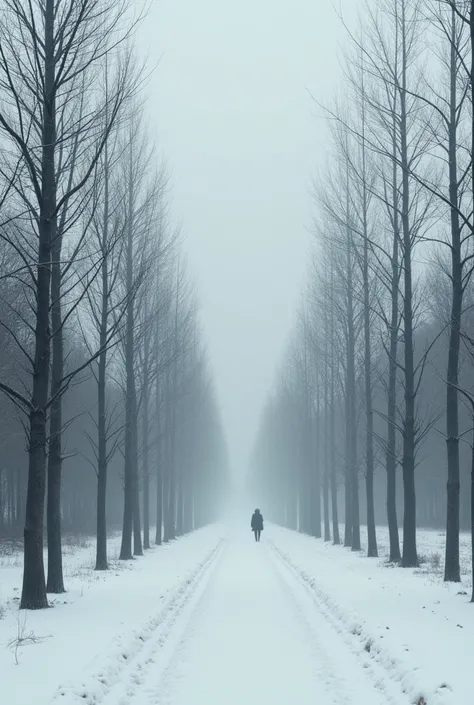 Snowy landscape with leafless trees and gray sky. Climate between lonely and gloomy