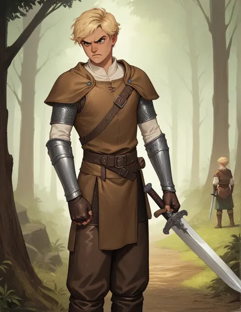 wh33z13, 1male, short hair, blonde, dressed in leather cloth, sword, warrior, leather, angry, young, medieval pants, brown cloth, dark forest in background, white skin, 