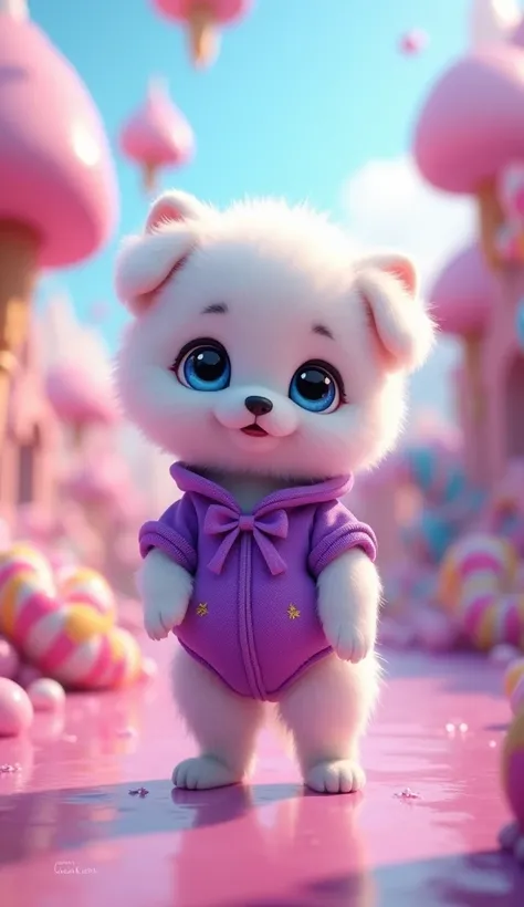 Fluffy white puppy　Standing on two legs　blue eyes　Candy Country　Purple clothes.　No humans　Only dogs　Only one person　