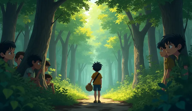 Aru, a ten-year-old boy, is staring at the forest with eyes and face full of curiosity. He is ready to go with a small bag, and the faces of his friends are watching him with fear."
