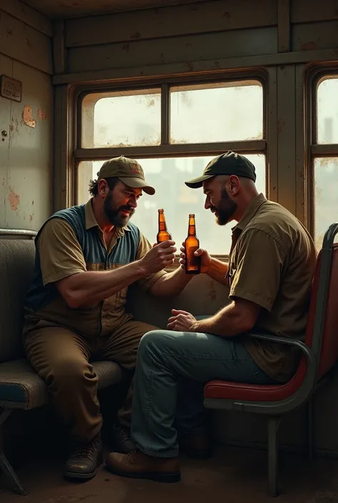 Men enjoying a bottle of beer inside a bus after working as a bricklayer 