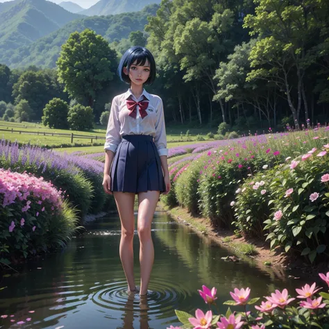 1 girl, Short hair, Blue Hair, Look at the audience, Purple eyes, Beautiful legs, Wearing a wet Thai school uniform, Standing in the stream, Field of flowers, dark forest, vine, mountain